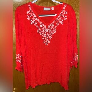 Belle by Kim Gravel red crinkle gauze v-neck top with white embroidery Size 1X